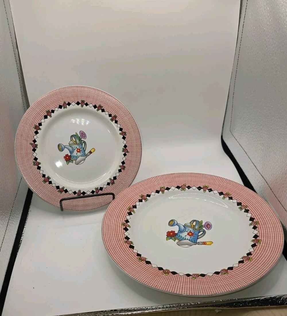 Mary Engelbreit Garden Time Sakura Dinner Plate & Salad Plate Set Red Gingham